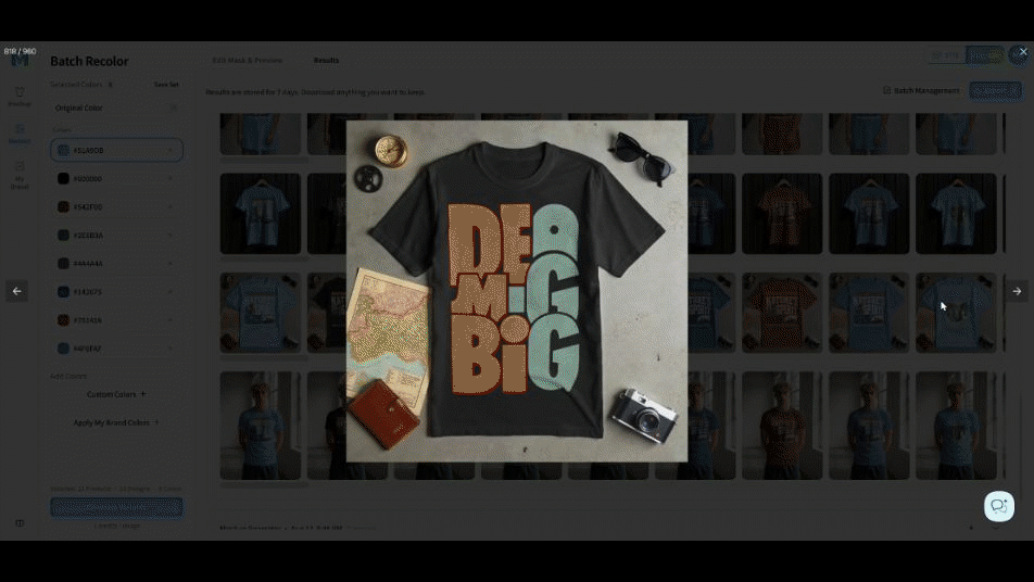 Animated walkthrough moving from a Batch Recolor result into Batch Mockup Full Coverage previews and a grid of AOP product-image variations.