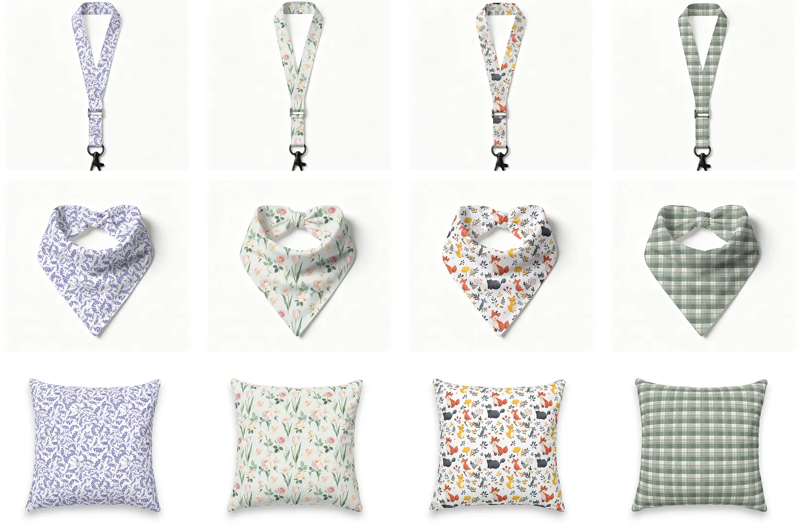 Lanyards, bandanas, and cushions carrying four repeating patterns in an official MockupLabs example.