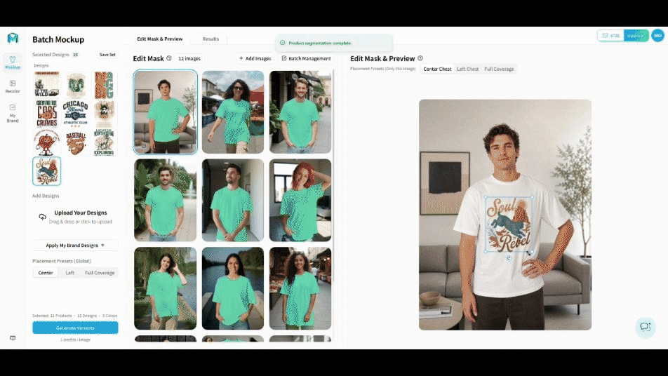 Animated walkthrough of MockupLabs Batch Mockup and Recolor showing product-photo inputs, design placement, recoloring, and batch results.