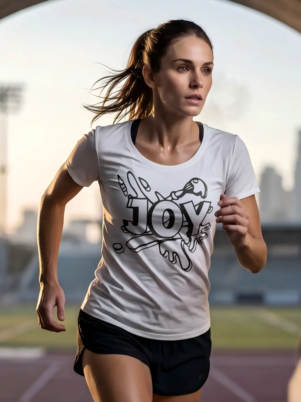 The same runner with artwork fitted across the visible folds and perspective of the T-shirt.