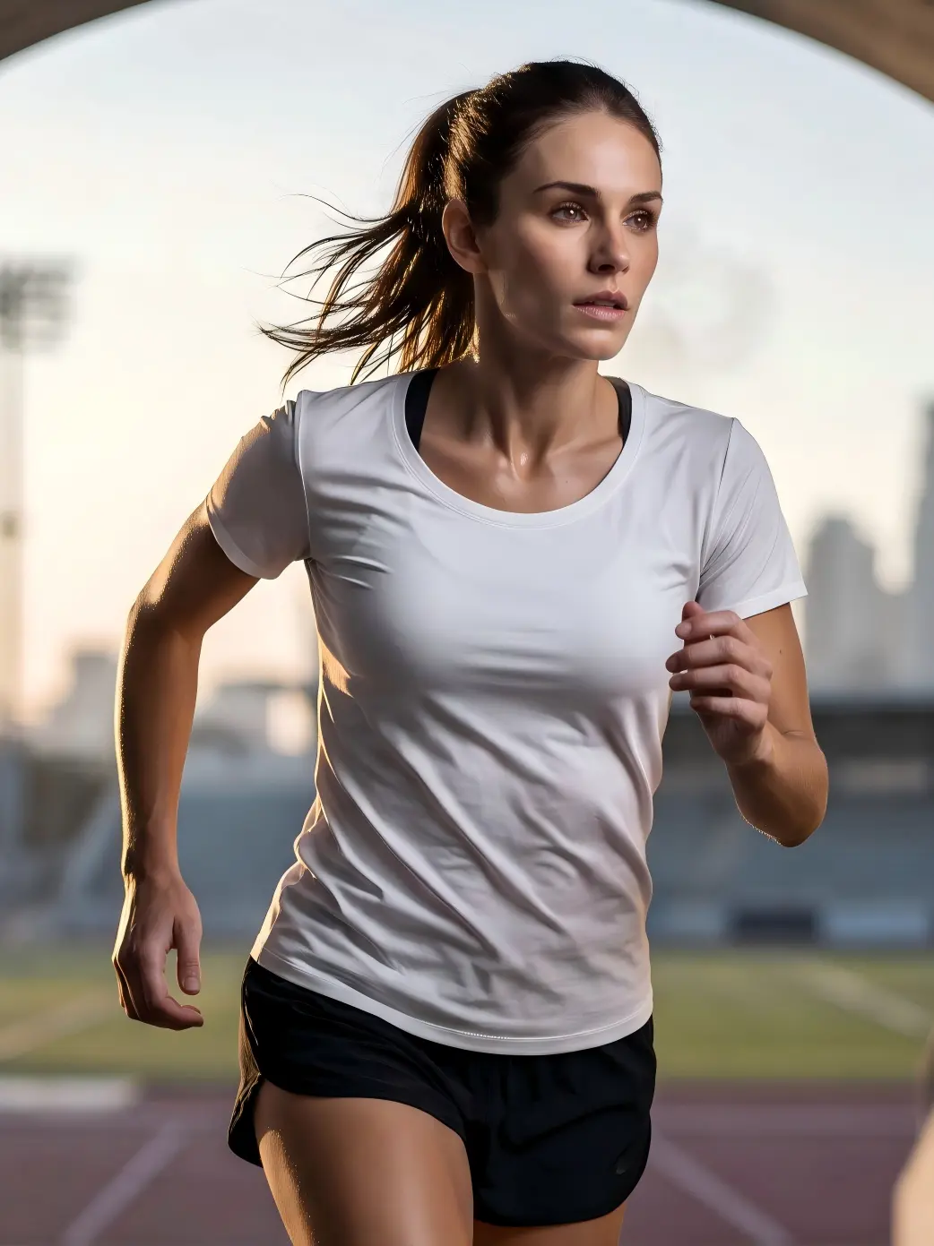 Original product photo of a runner wearing a blank white T-shirt.